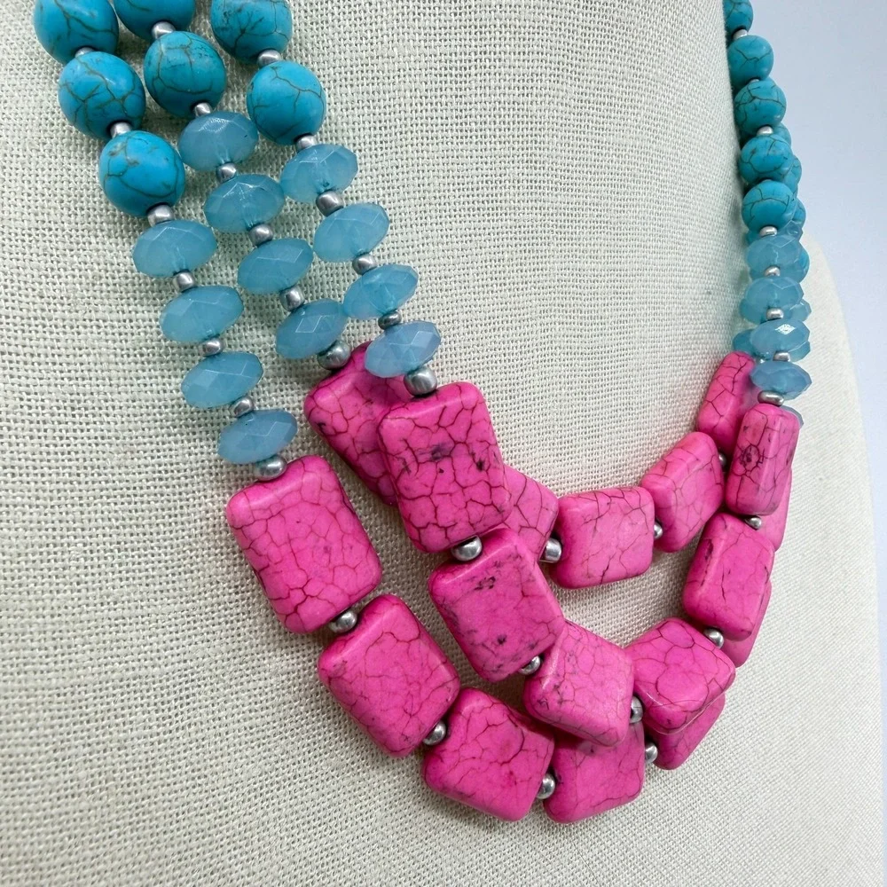 Hot Pink Turquoise Blue Bead Triple Strand Necklace Chunky Boho Statement Gift